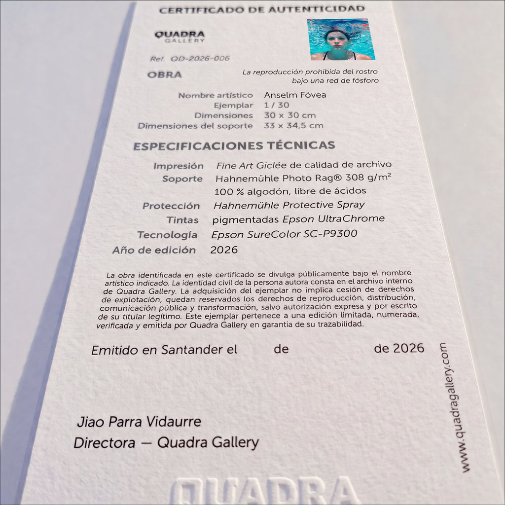 Certificado de autenticidad de la obra La reproducción prohibida del rostro bajo una red de fósforo, de Anselm Fóvea.