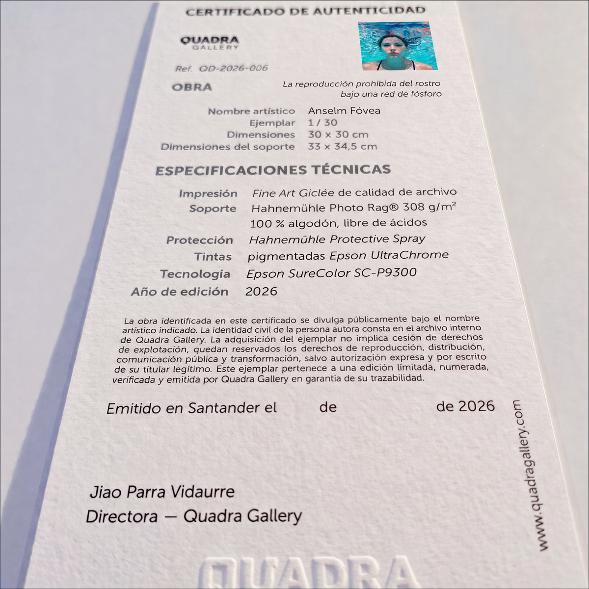 Certificado de autenticidad de la obra La reproducción prohibida del rostro bajo una red de fósforo, de Anselm Fóvea.