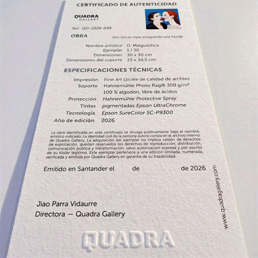 Certificado de autenticidad de la obra Dos bocas rojas ensayando una herida, de D. Maiguashca.