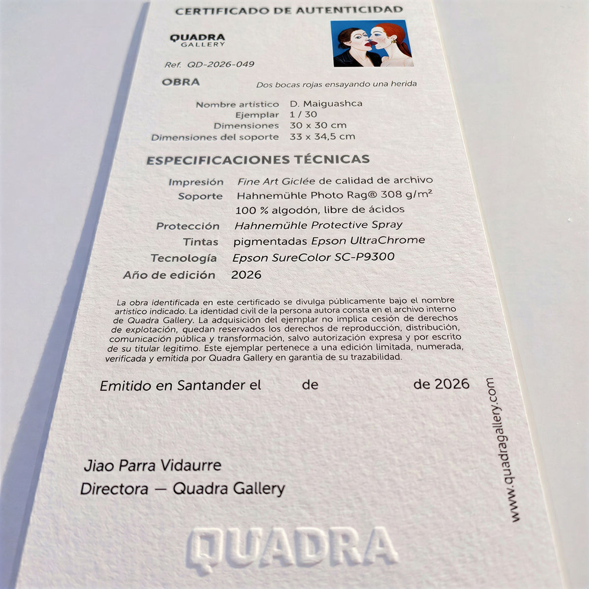 Certificado de autenticidad de la obra Dos bocas rojas ensayando una herida, de D. Maiguashca.
