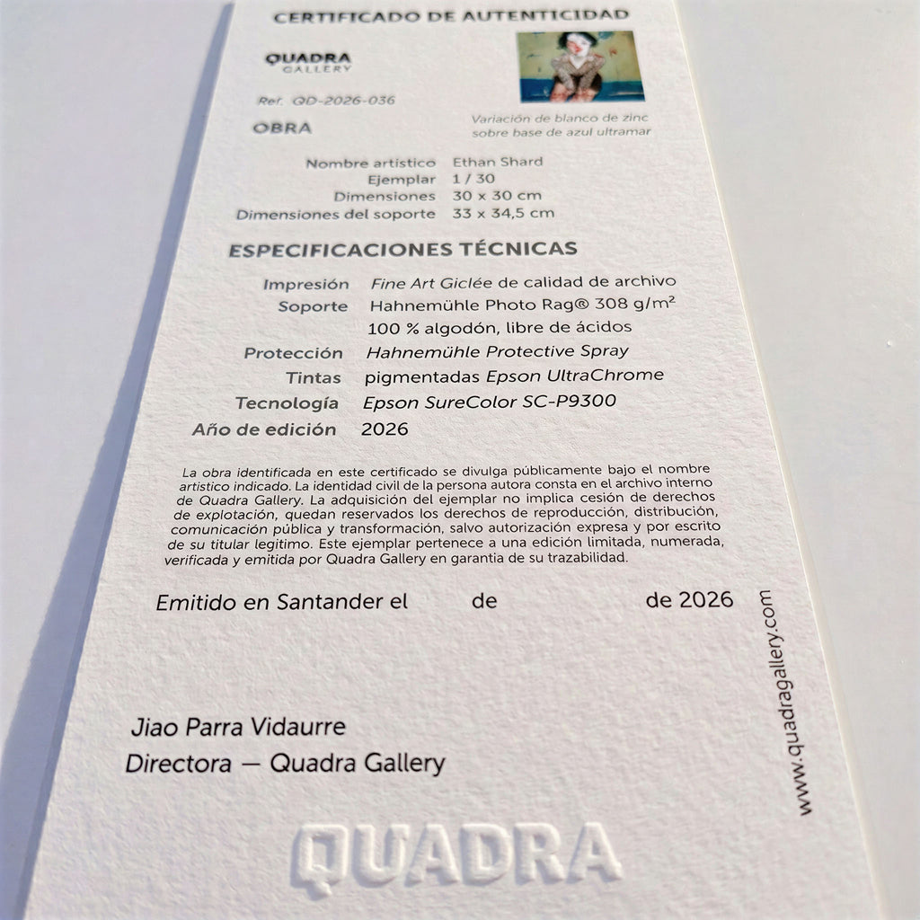 Certificado de autenticidad de la obra Variación de blanco de zinc sobre base de azul ultramar, de Ethan Shard.