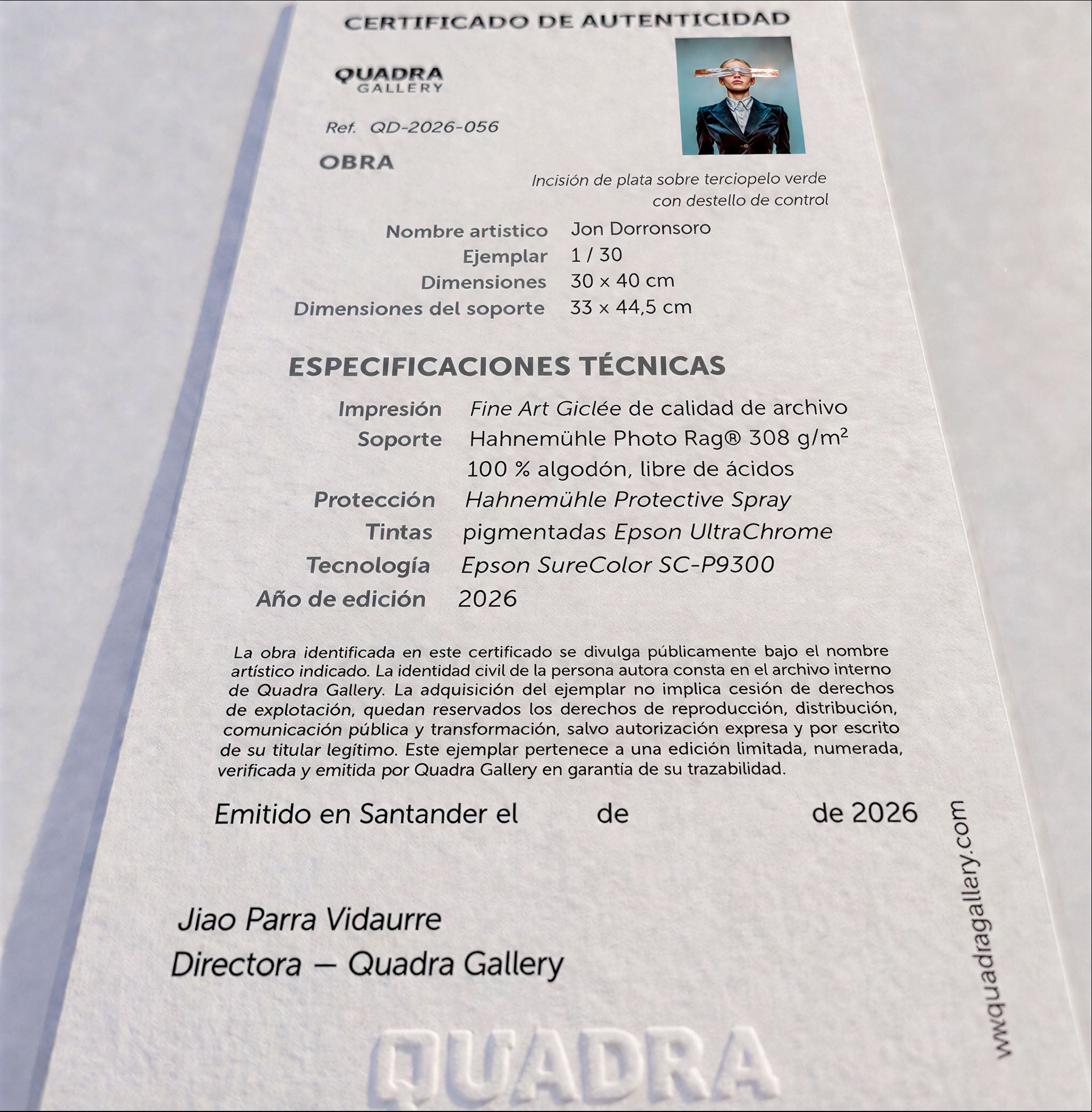 Certificado de autenticidad de la obra Incisión de plata sobre terciopelo verde con destello de control, de Jon Dorronsoro.