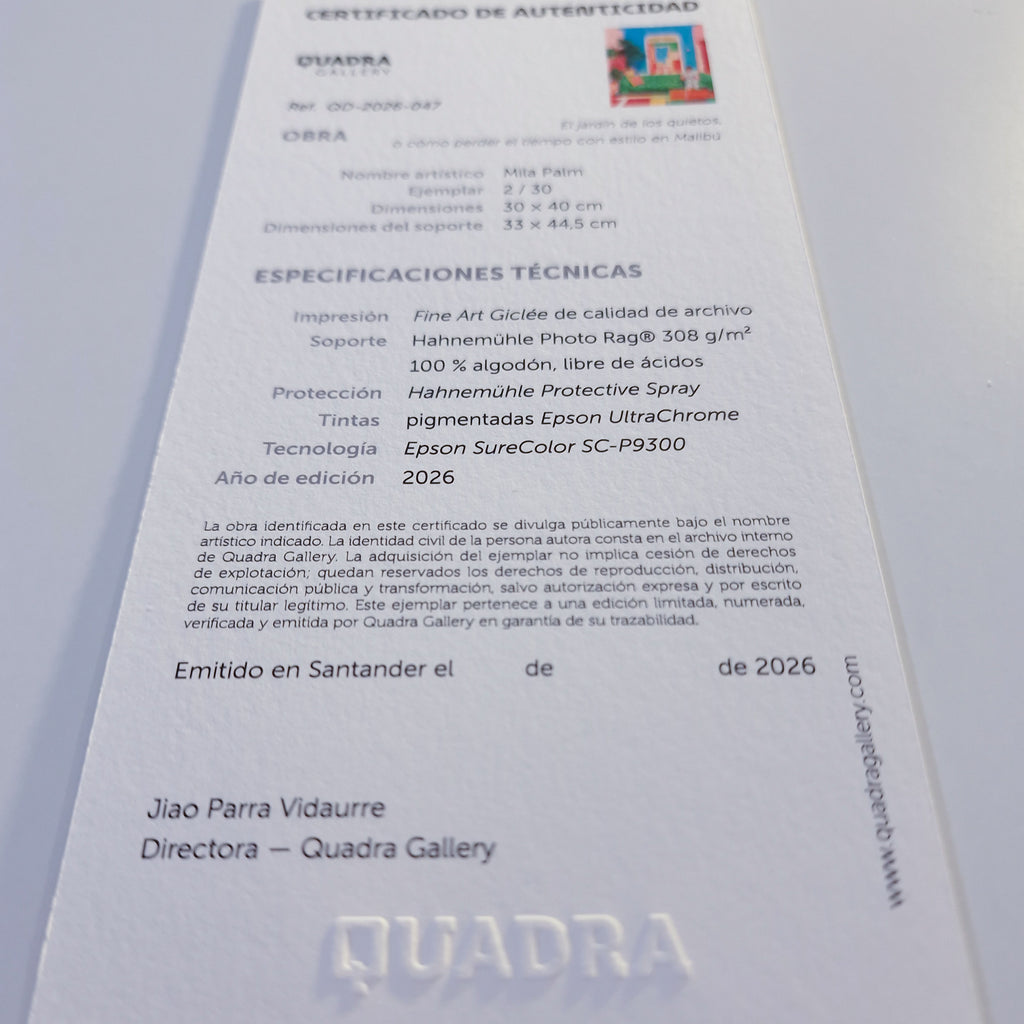Certificado de autenticidad de la obra El jardín de los quietos, de Mila Palm.