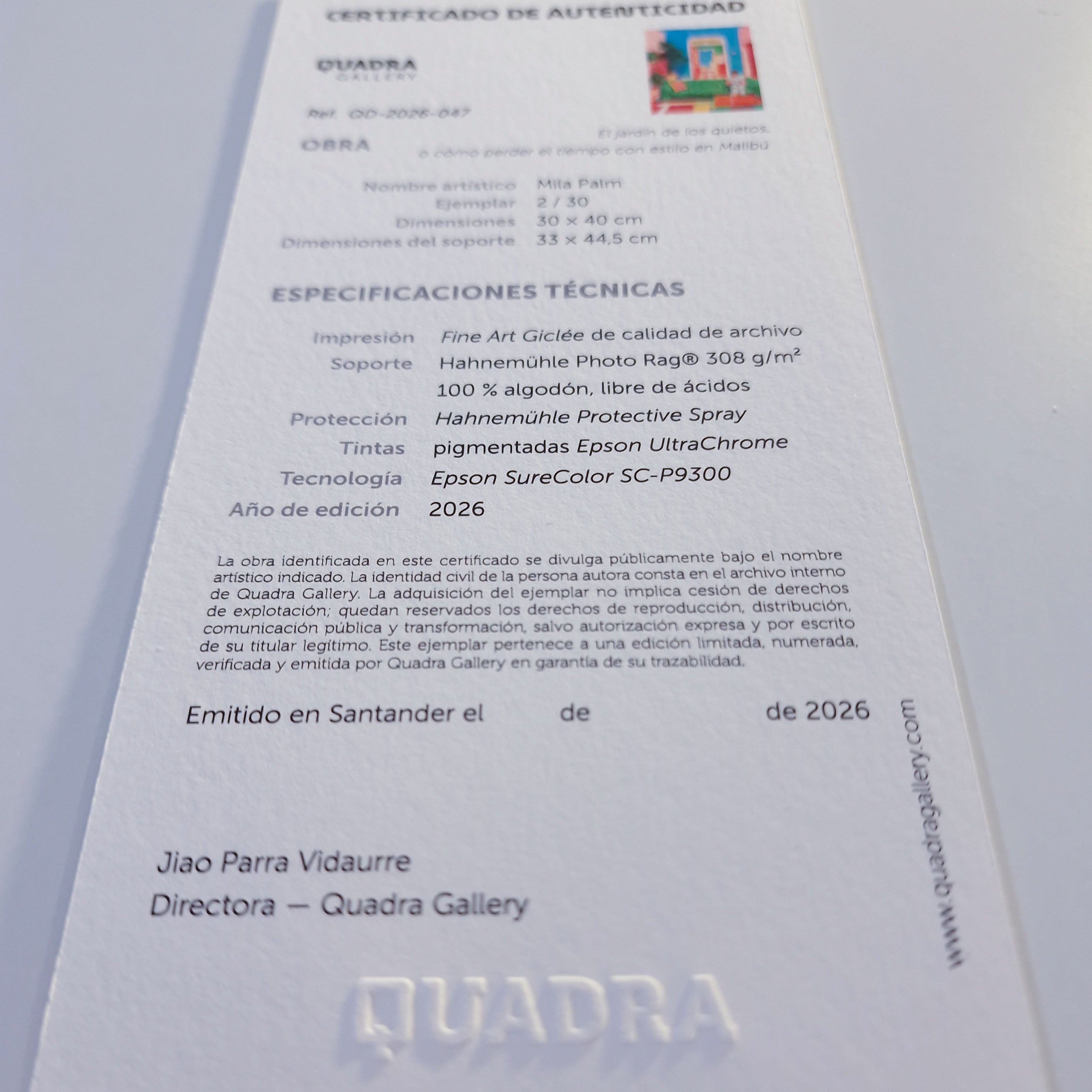 Certificado de autenticidad de la obra El jardín de los quietos, de Mila Palm.