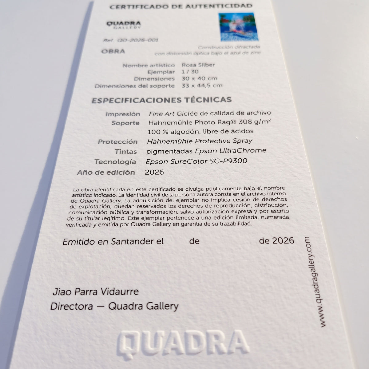 Certificado de autenticidad de la obra Construcción difractada con distorsión óptica bajo el azul de zinc, de Rosa Silber.