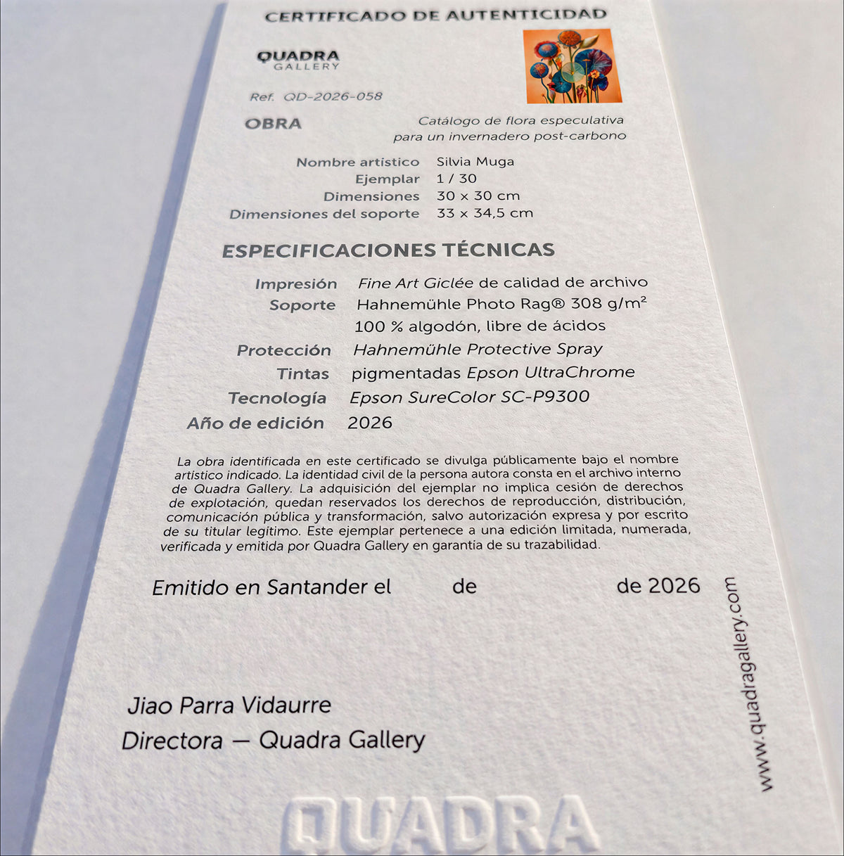 Certificado de autenticidad de la obra Catálogo de flora especulativa para un invernadero post-carbono, de Silvia Muga.