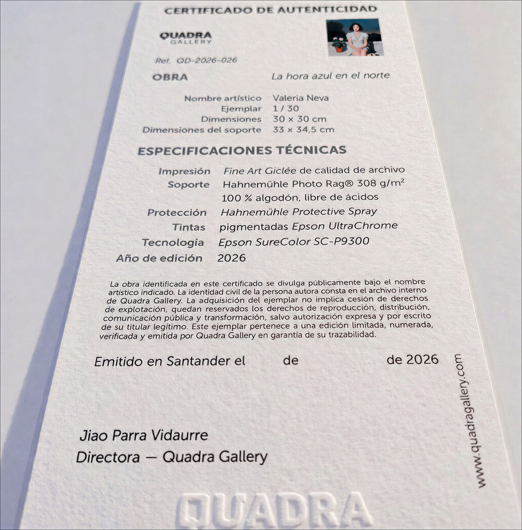 Certificado de autenticidad de la obra La hora azul en el norte, de Valeria Neva.
