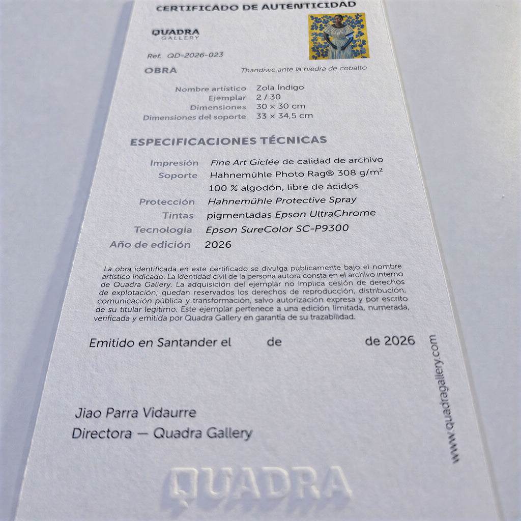 Certificado de autenticidad de la obra Thandiwe ante la hiedra de cobalto, de Zola Índigo.