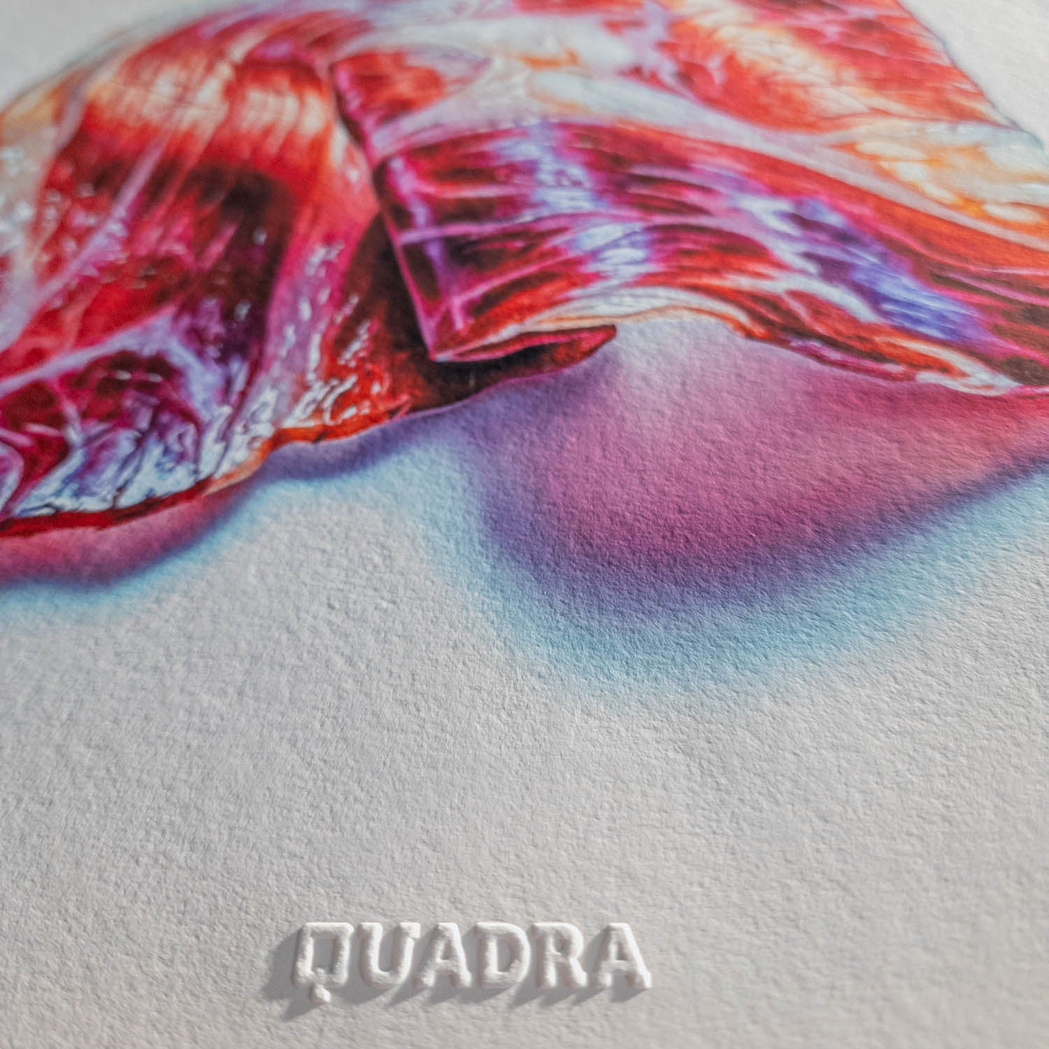 Detalle en primer plano del sello en seco de Quadra sobre papel de arte y acabado de impresión con pigmentos de alta definición