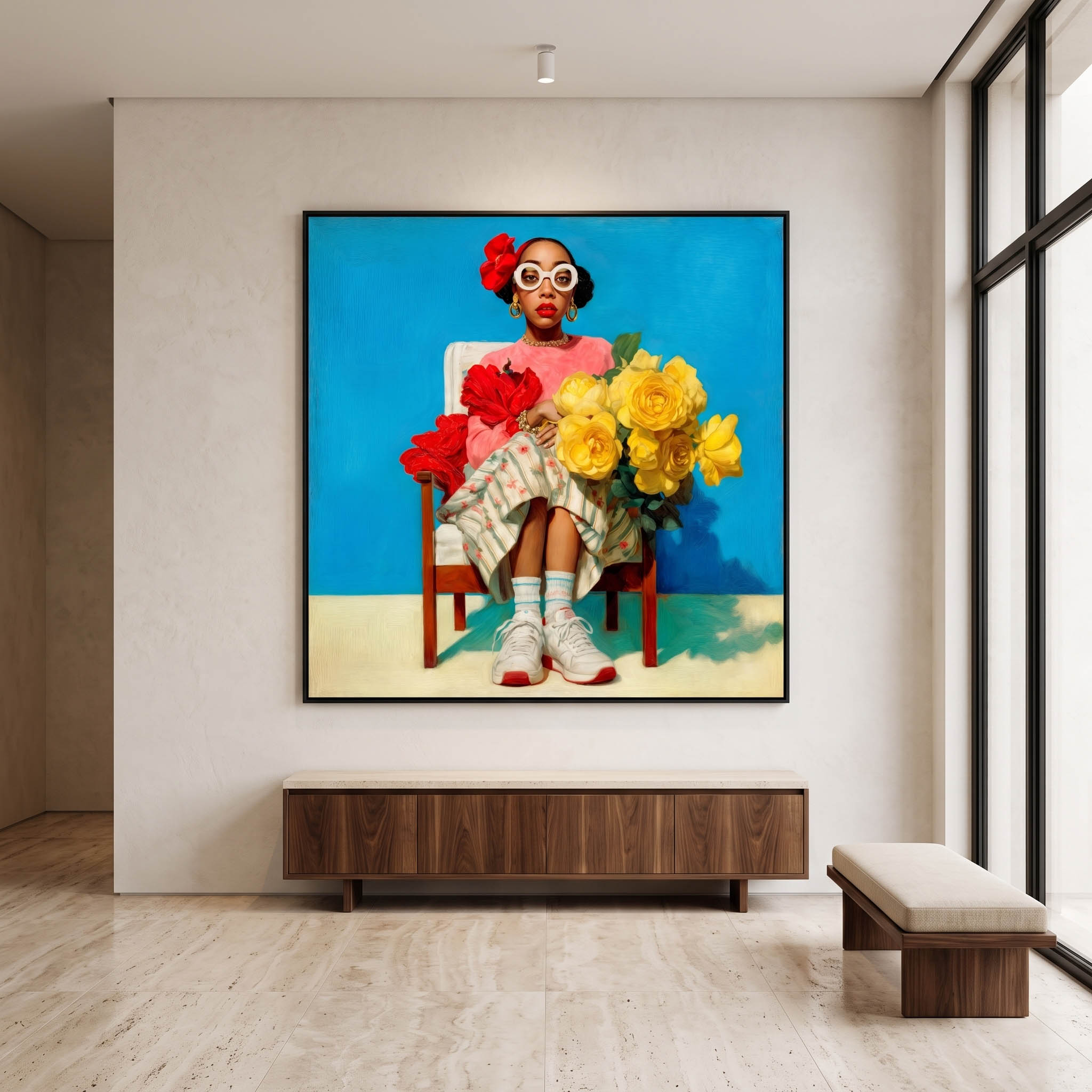 Lámina Fine Art "Amara ante un bloque de excesos amarillos y calzado isométrico" de Zola Indigo - Edición Limitada 30 - QUADRA Gallery